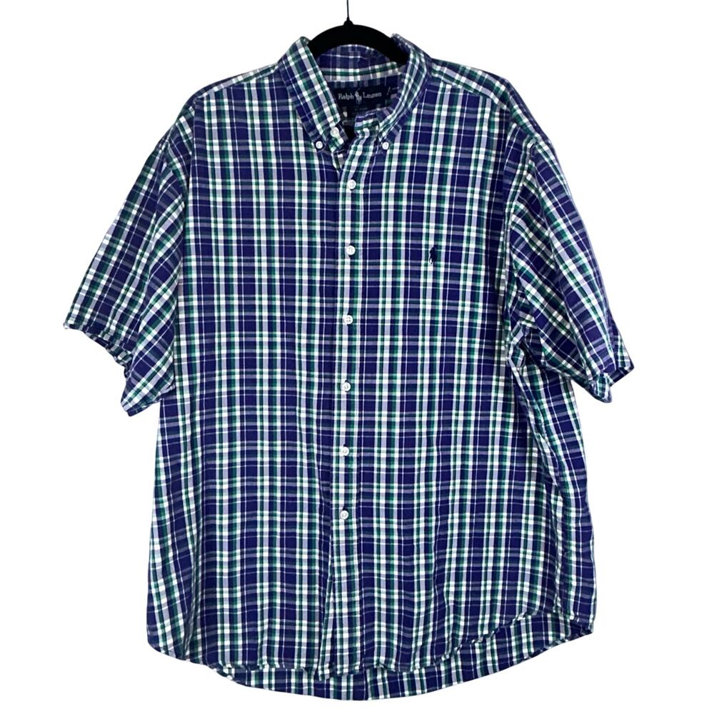 Ralph Lauren Blaire Plaid Shirt Mens XL SS Button Down Embroidered Pony Green/Pu